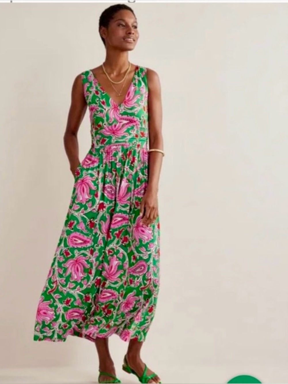 Boden Sleeveless V-Neck Floral Maxi Dress in Green and Pink 12R